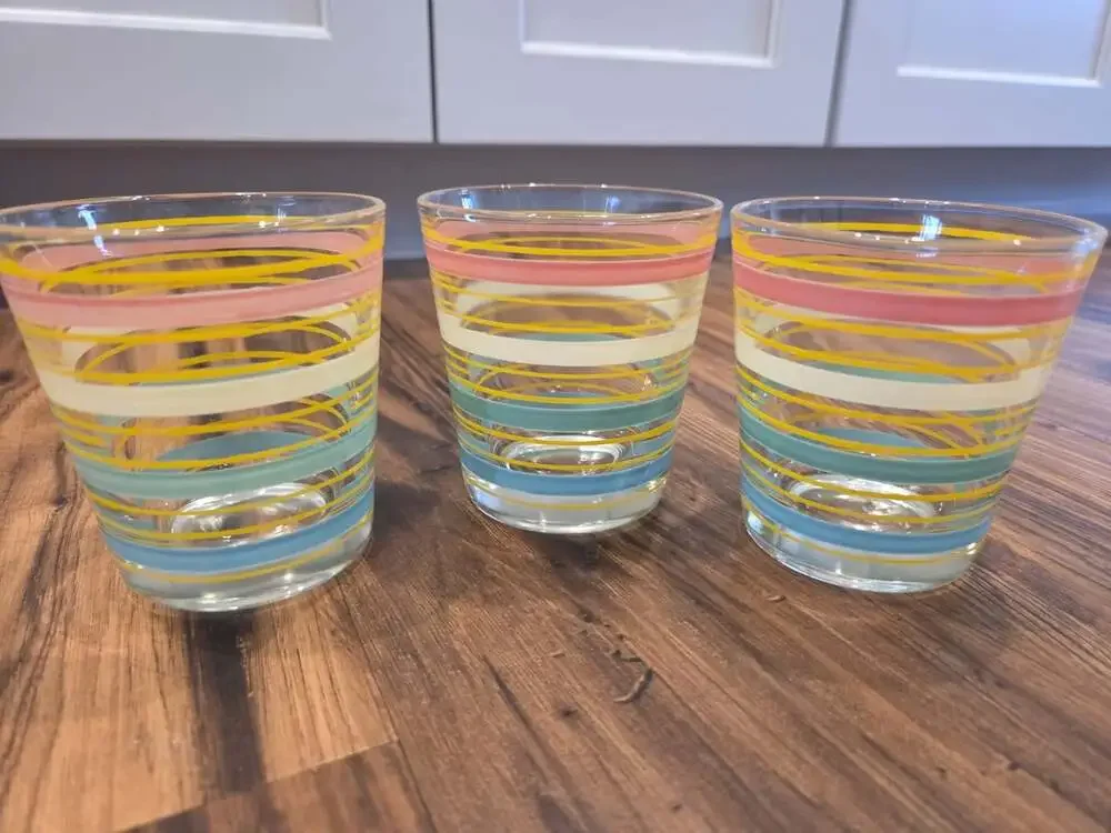Vintage Mid Century Juice Glasses Set of 3 Multicolor Stripes Retro MCM